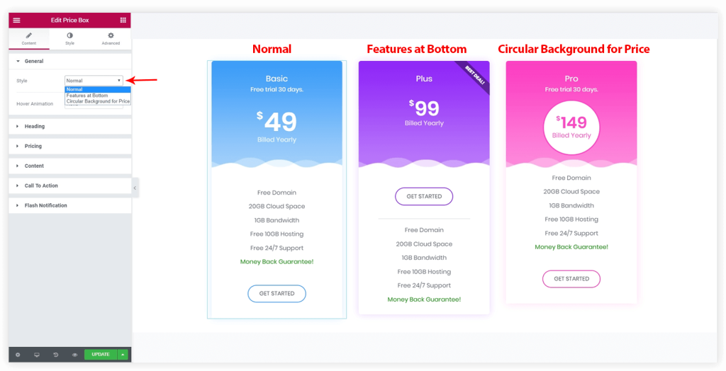 What are different style options for Price Box?