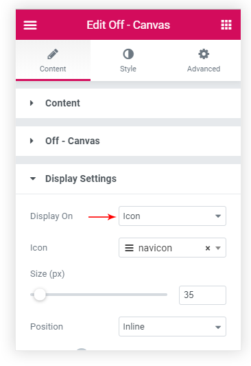 Elementor Off Canvas widget display settings
