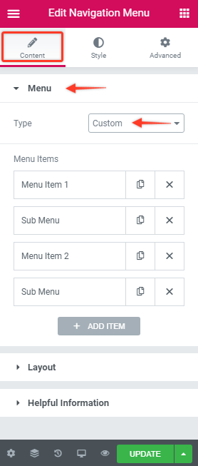 Elementor navigation menu settings