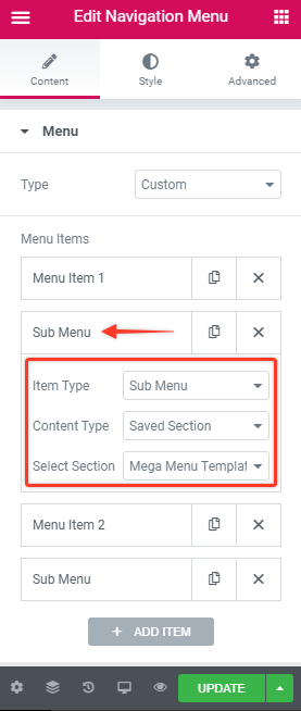 Elementor navigation menu items