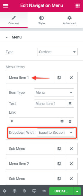 Elementor navigation menu settings