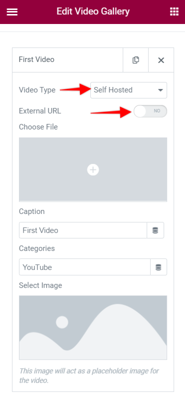 Elementor Video Gallery self hosted videos