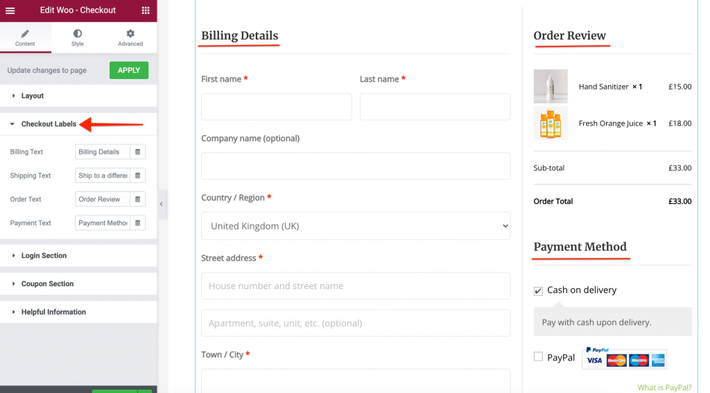 Elementor Woo Checkout Widget checkout labels setting