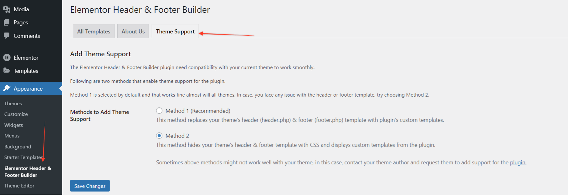 Elementor Header & Footer Builder theme support settings