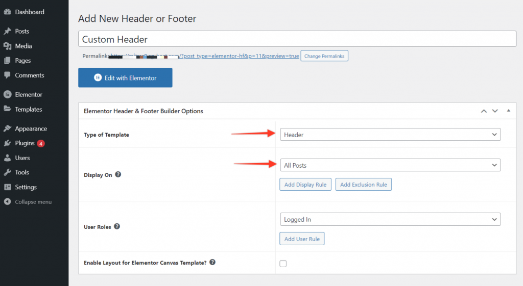 Elementor Header & Footer Builder template settings