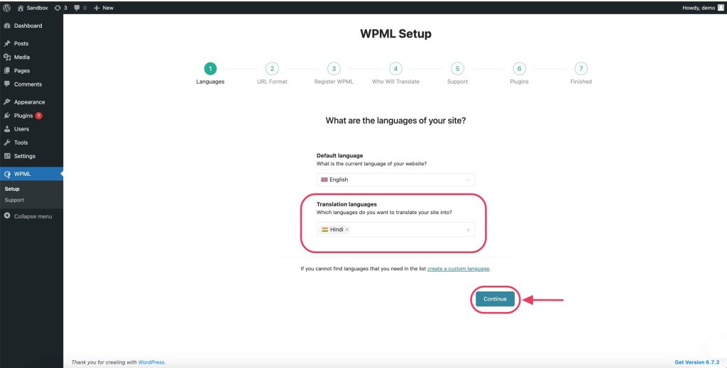 WPML Setup ‹ Sandbox — WordPress