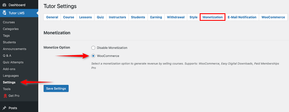 Tutor LMS enable WooCommerce monetization