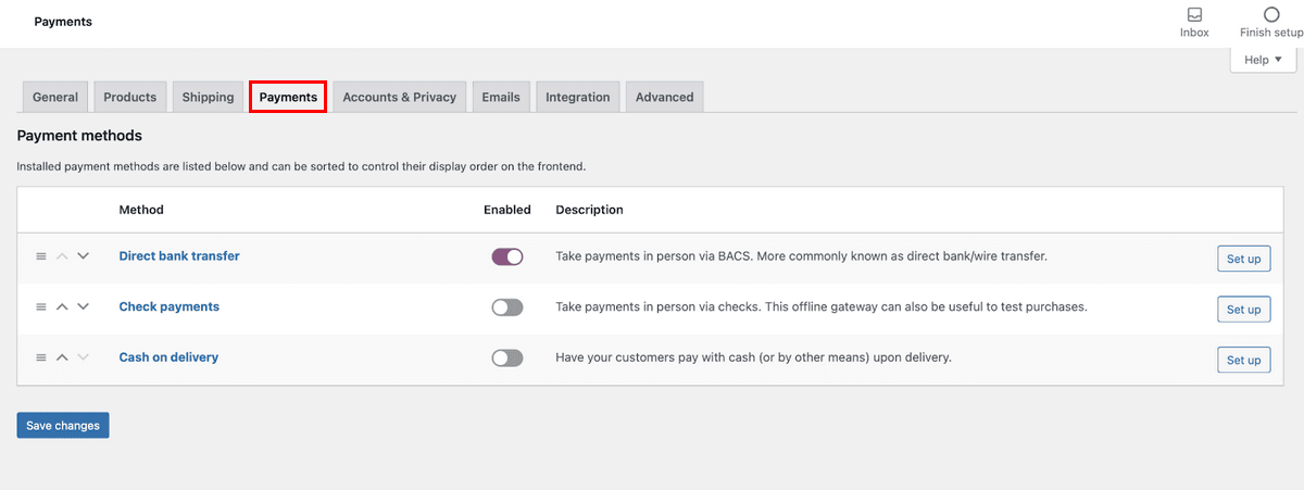 WooCommerce payment settings