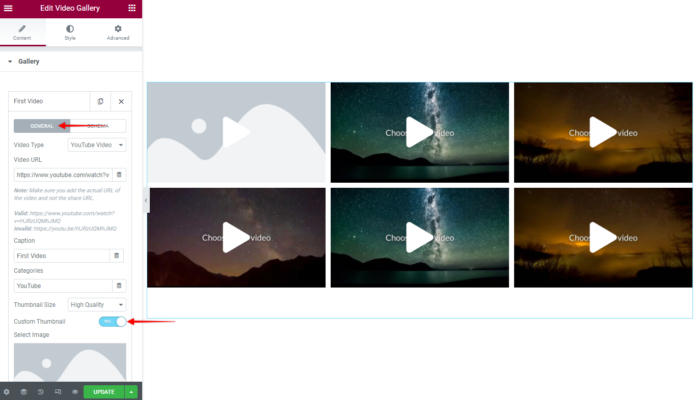 Elementor Video Gallery Custom Thumbnail