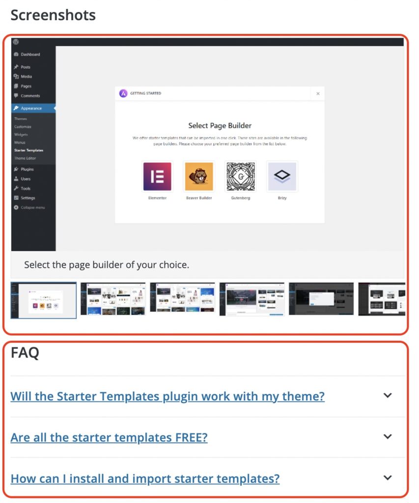 Starter templates screenshots and FAQs