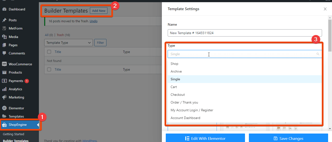 Shopengine Builder Templates settings