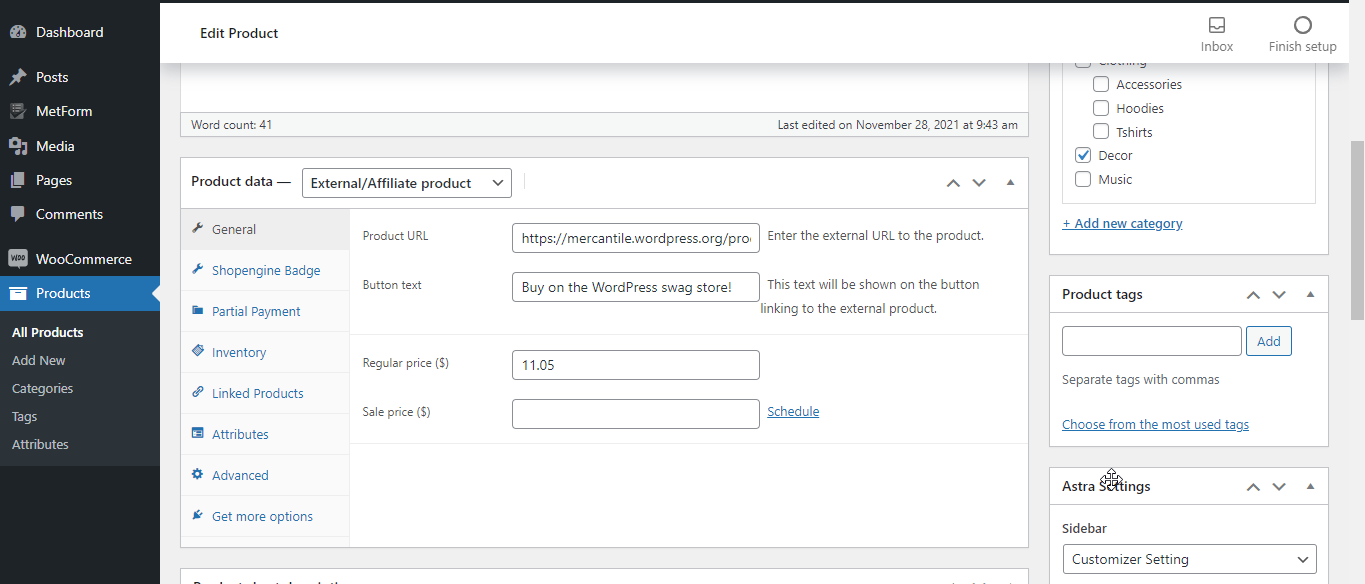 WooCommerce product details settings