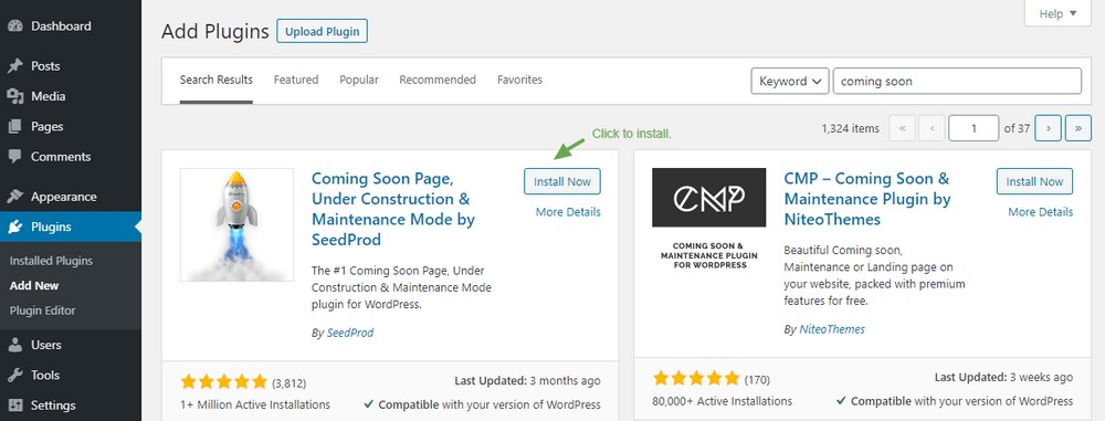 Installing the Seadpod coming soon plugin page