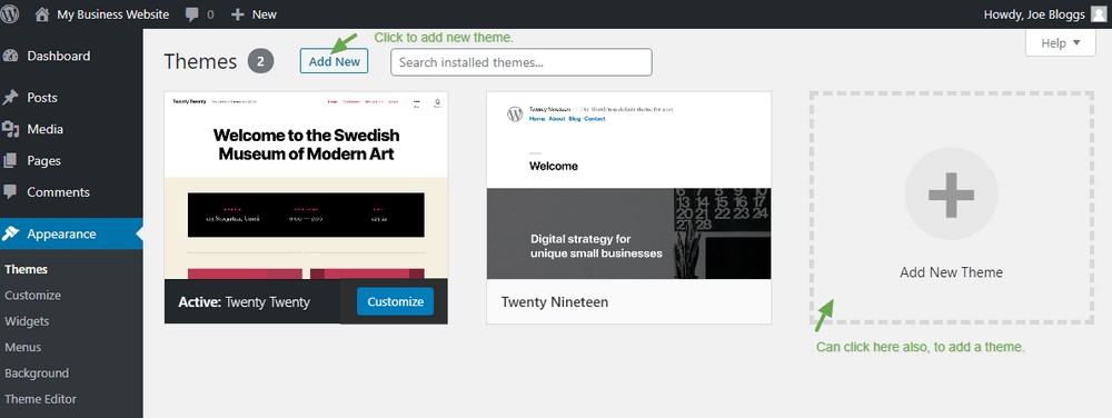 Screen to install a new WordPress theme