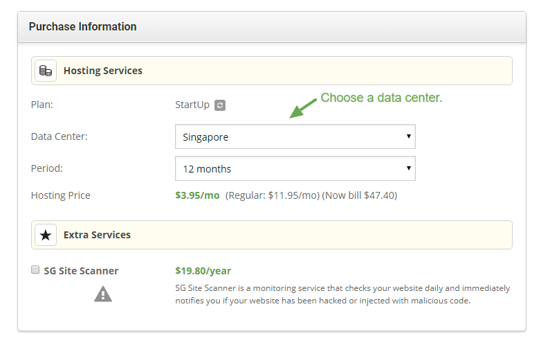 siteground sign up process choose a data center