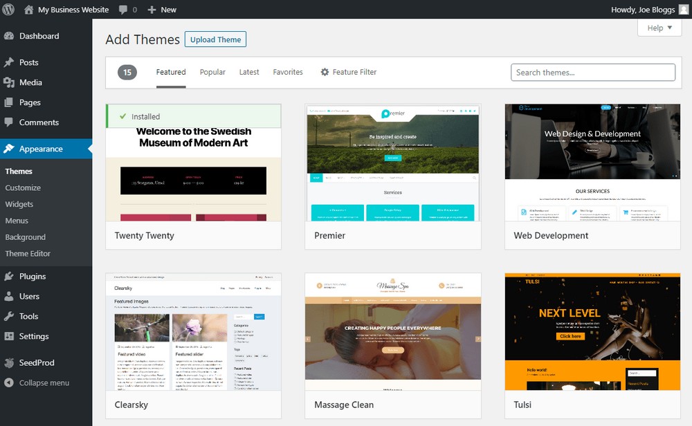 Viewing free WordPress themes on the dashboard