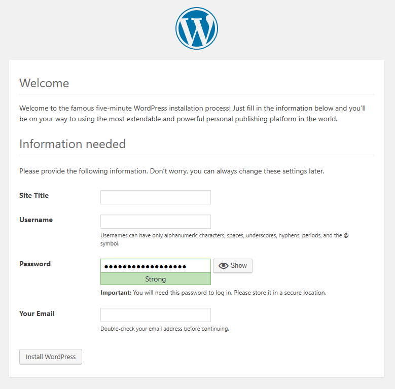 WordPress 5 minute installer screen