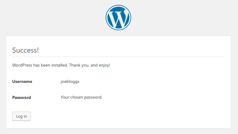 WordPress success screen after installing