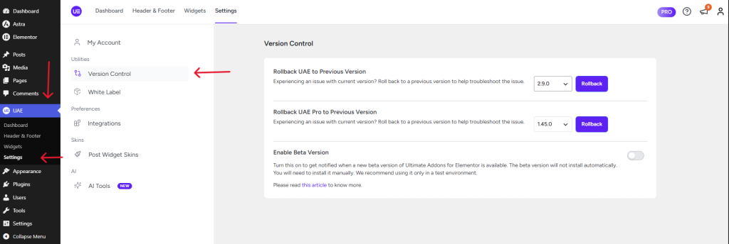 How to Roll Back to a previous version of the Ultimate Addon for Elementor? UAE version control panel