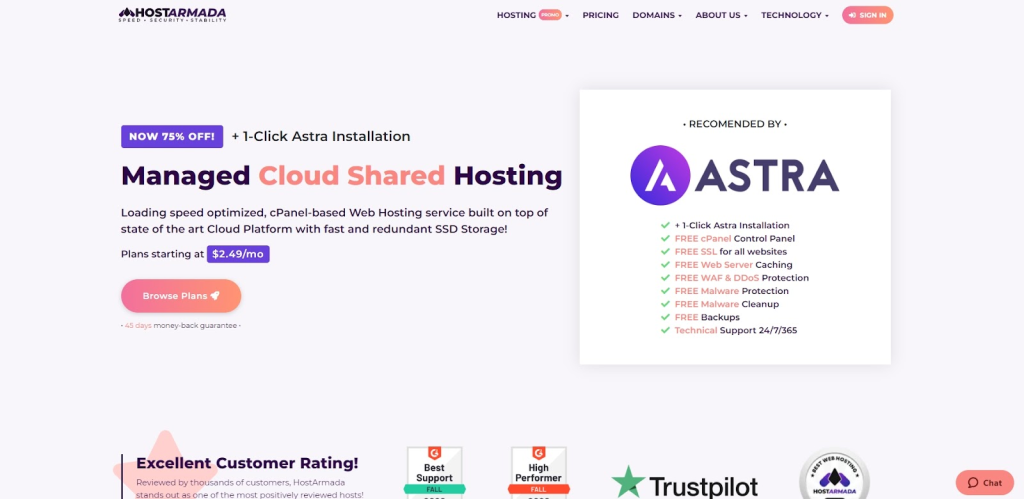 HostArmada Cloud Shared hosting homepage