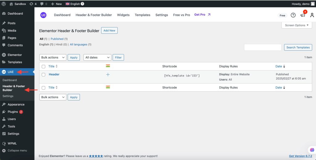 Appearance > UAE > Elementor Header & Footer Builder