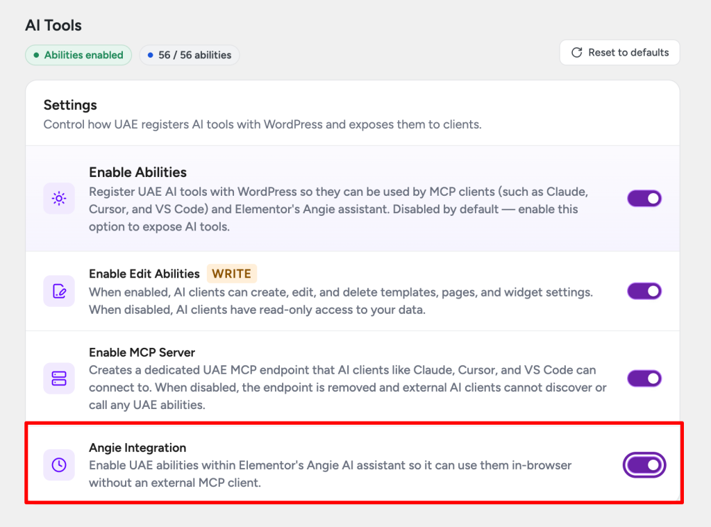 Use UAE AI Tools with Angie (In-Editor) angie integration