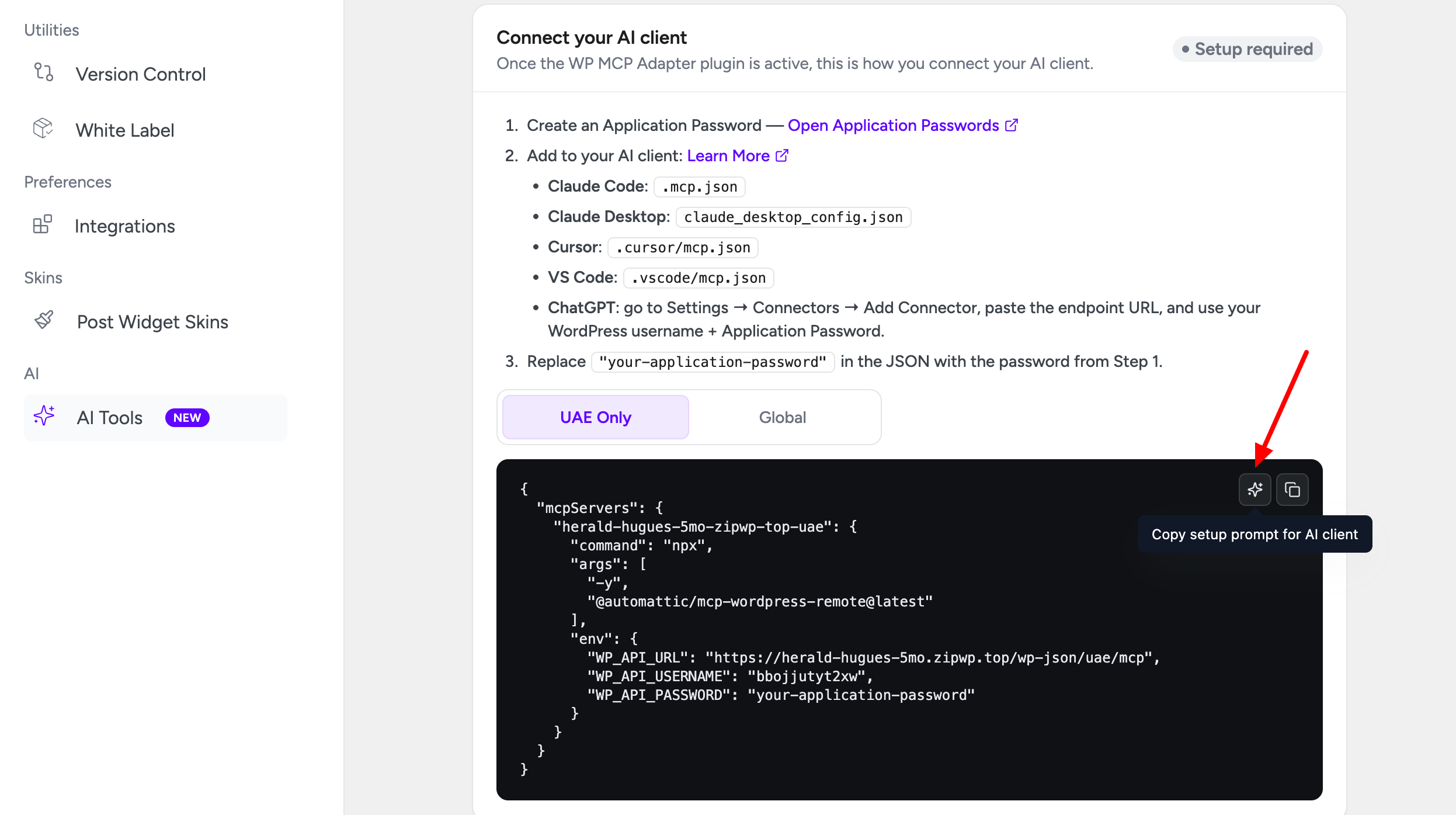 UAE AI Tools: Connect AI to Your Elementor Site sparkle button mcp