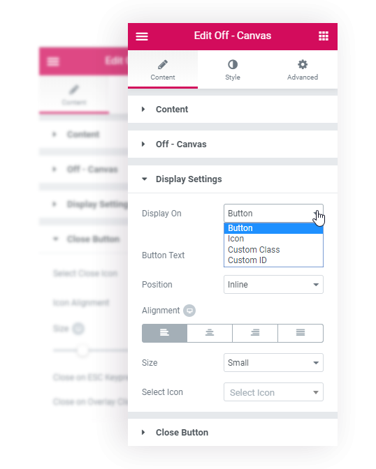 off canvas display settings